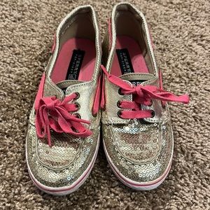 Sherry 13.5 gold sequin slip on doc style shoes.